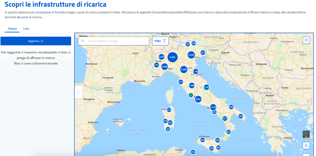 PUN - Mappa delle colonnine elettriche in Italia